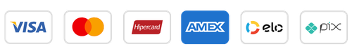 Visa, Mastercard, Hipercard, American Express, Elo e Pix